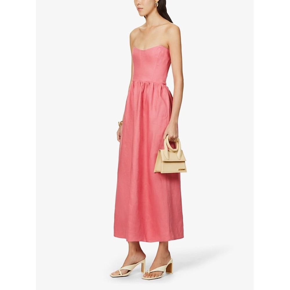 Reformation Fettuccine 100% Linen Dress Snapdragon Pink 2 Strapless Midi Length